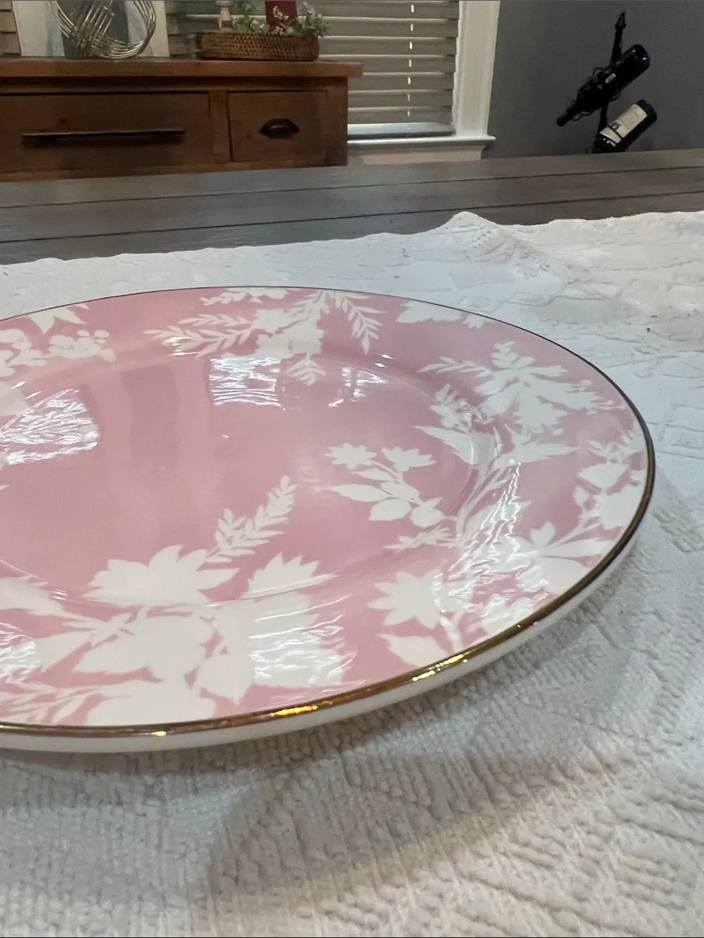 3 Pottery Barn Pink & White Floral Plates Gold Trim 8.75 Inch